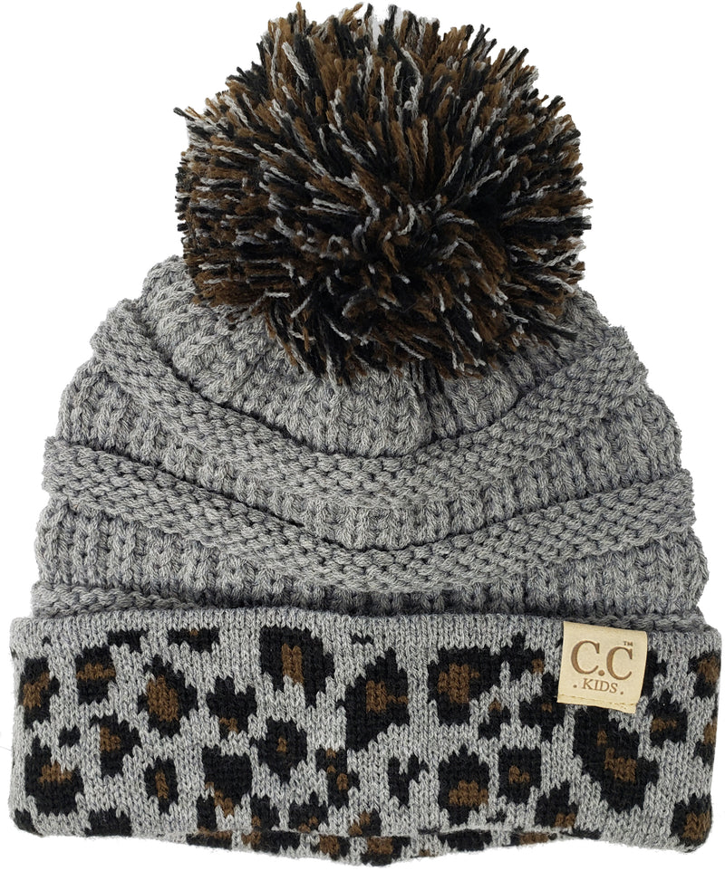 C.C. Kid's Classic Fit Cable Knit Beanie W/ Pom - Leopard