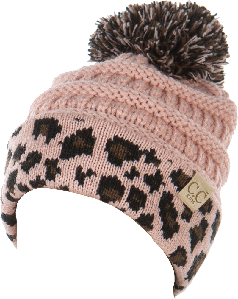 C.C. Kid's Classic Fit Cable Knit Beanie W/ Pom - Leopard