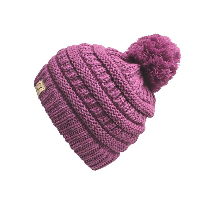 C.C. Kid's Classic Fit Cable Knit Beanie W/ Pom - Solid Colors