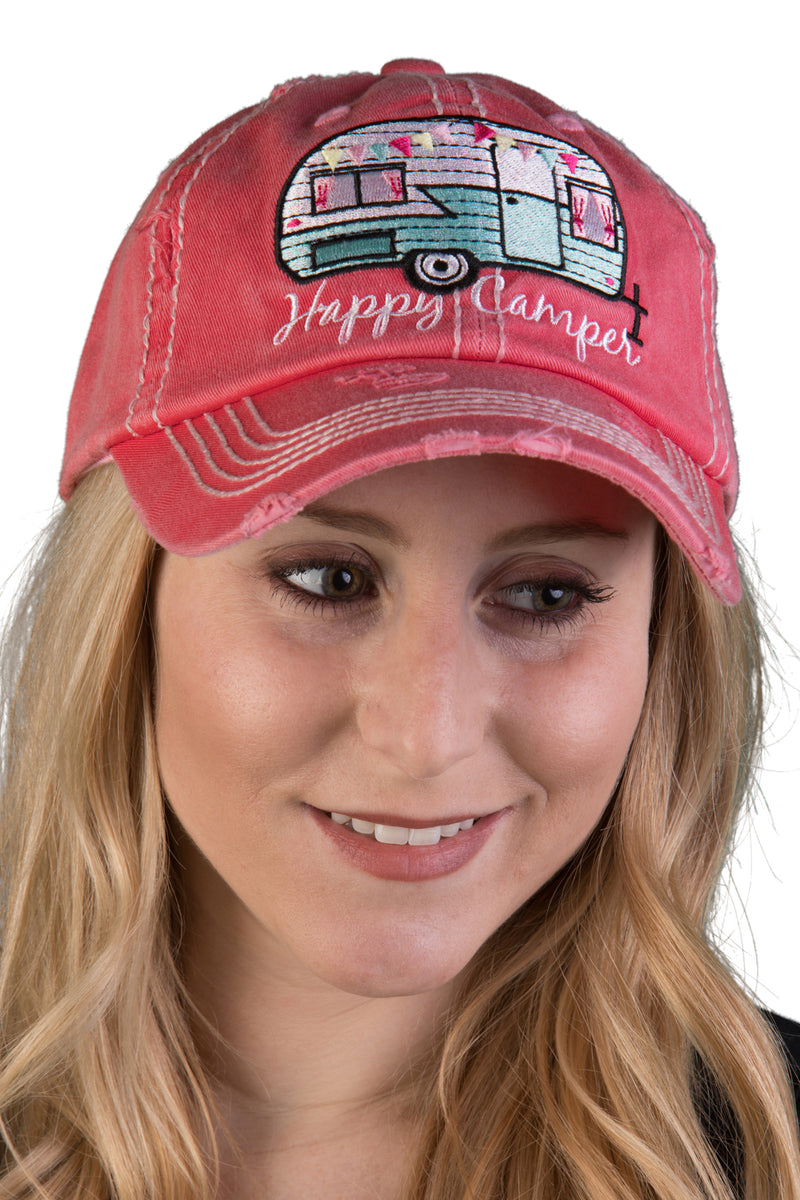 Distressed Patch Baseball Cap - Happy Camper (Coral)