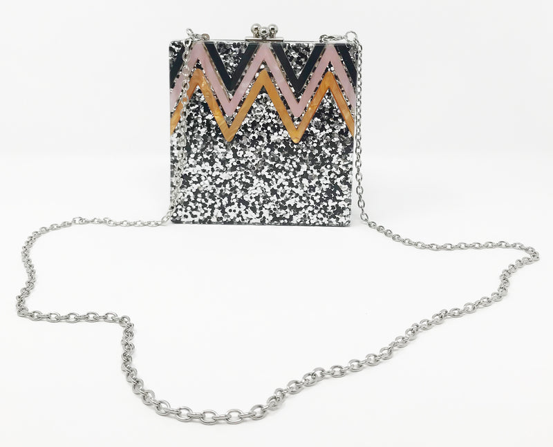 Funky Junque's Evening Purse - Chevron Square (Silver)
