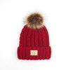 Knit Pom Beanie Hat: Cable Knit Faux Fur w/ patch
