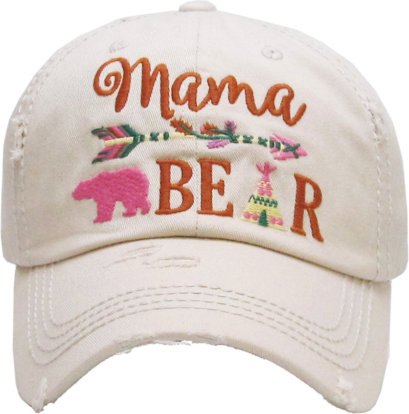 Distressed Patch Baseball Cap - Mama Bear (Beige)