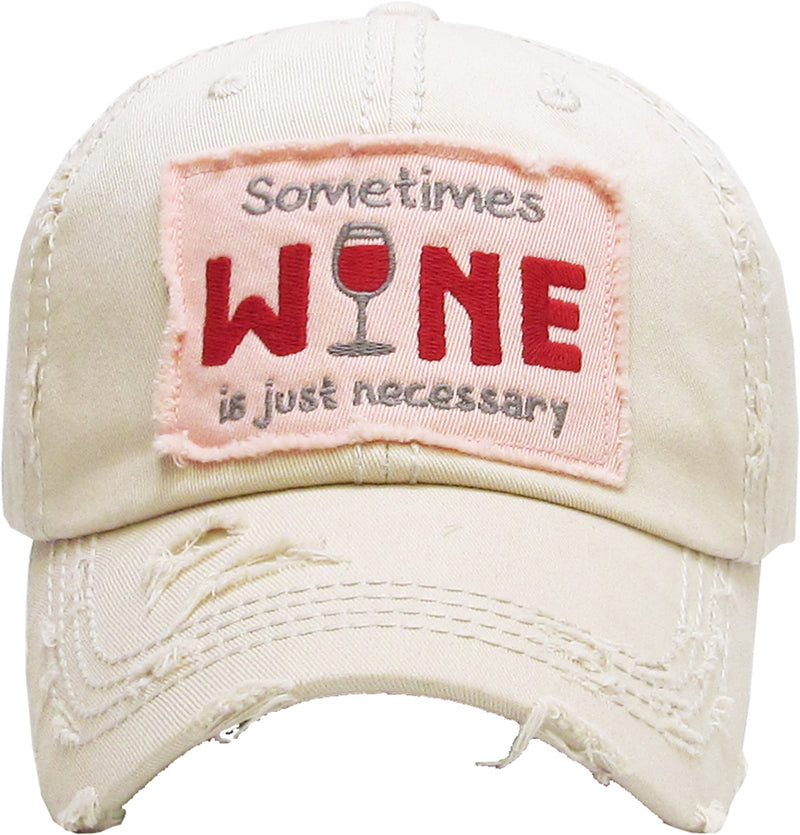 Distressed Patch Baseball Cap - Sometimes Wine is Necessary (Beige)