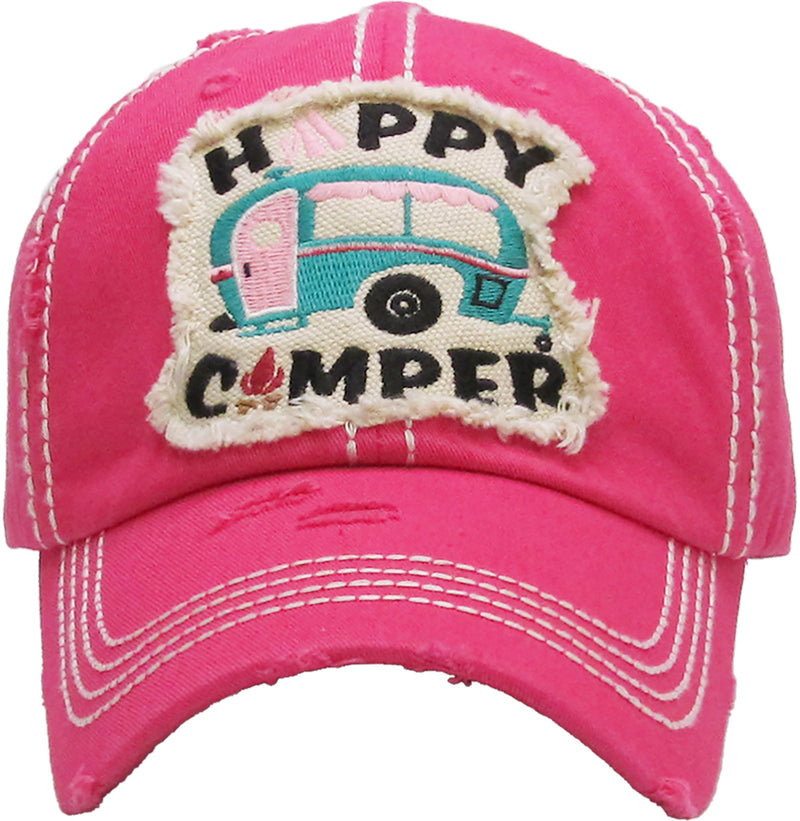 Distressed Patch Baseball Cap - Happy Camper in Block Letters (Hot Pink)
