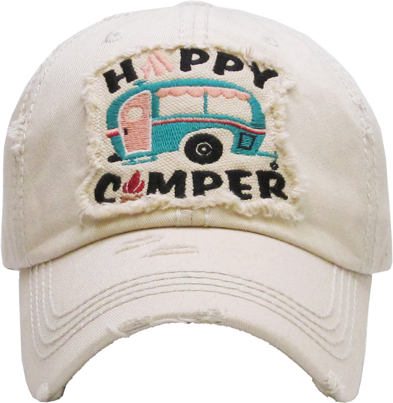 Distressed Patch Baseball Cap - Happy Camper in Block Letters (Beige)