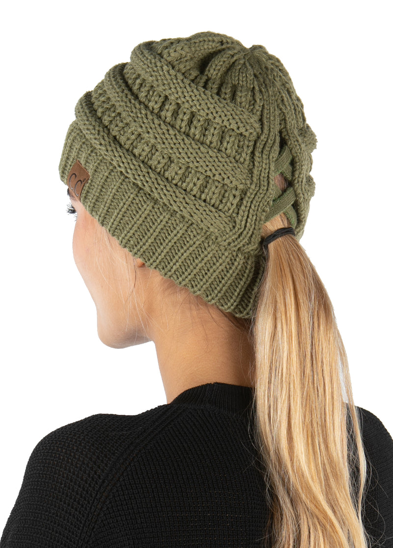 Criss Cross Beanie Tail Messy Bun High Ponytail Knit Cap