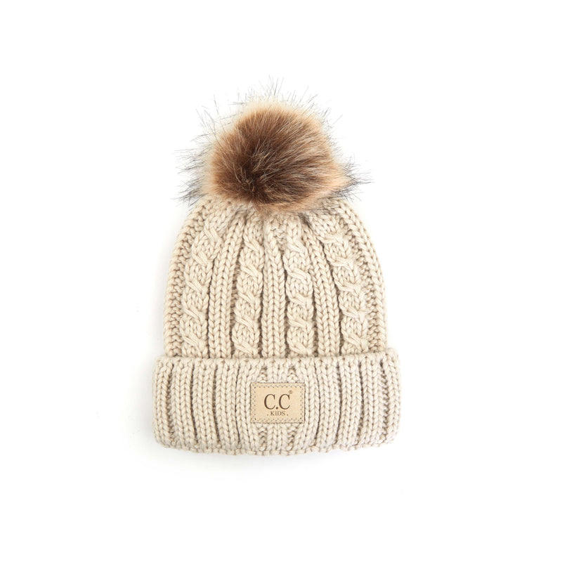 Knit Pom Beanie Hat: Cable Knit Faux Fur w/ patch
