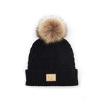 Childrens Knit Pom Beanie Hat: Diagonal Stripes Faux Fur Pom w/ patch