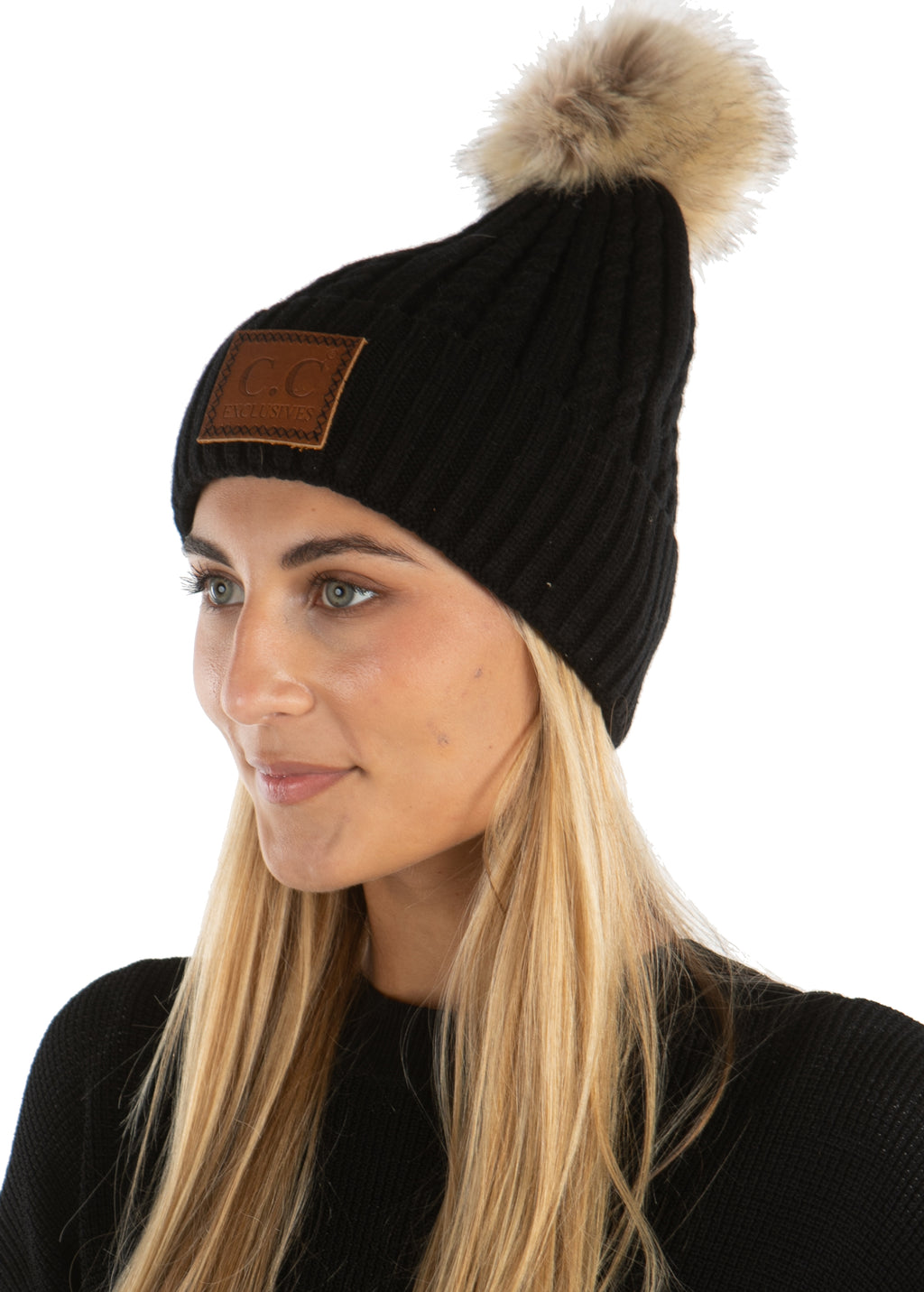 C.C. Faux Fur Pom Hat: Double Braided