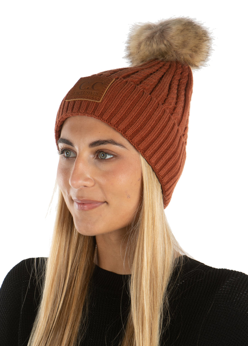 C.C. Faux Fur Pom Hat: Double Braided