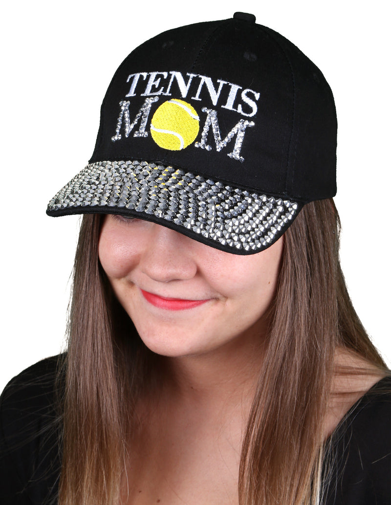 Funky Junque’s Women’s Silver Rhinestone Bill Sports Mom Bling Baseball Cap Hat - Tennis Black