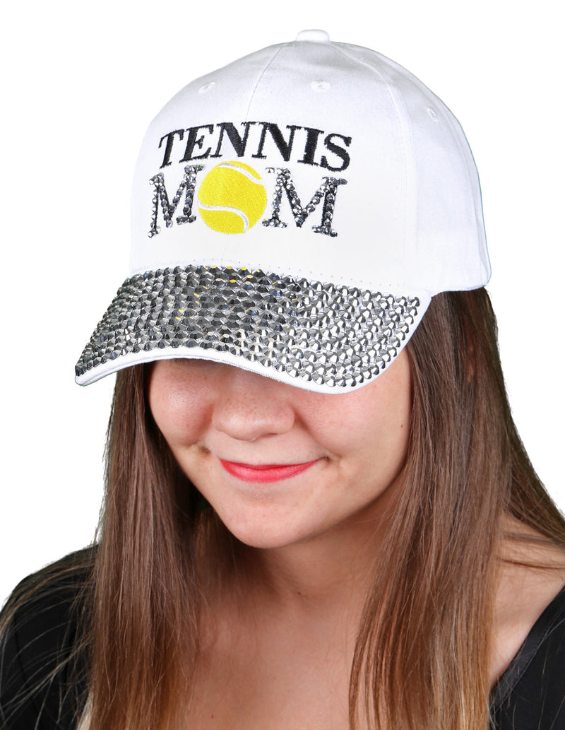 Funky Junque’s Women’s Silver Rhinestone Bill Sports Mom Bling Baseball Cap Hat - Tennis White