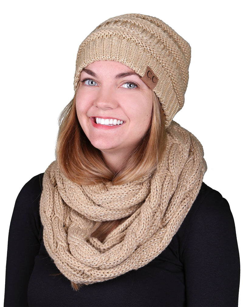 Funky Junque CC Soft Stretch Beanie Bundled With Matching Infinity Scarf - Metallic Gold