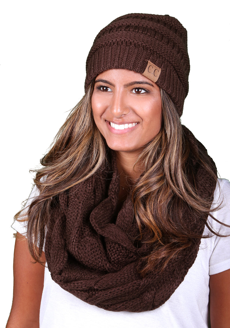 Funky Junque CC Soft Stretch Beanie Bundled With Matching Infinity Scarf - Brown