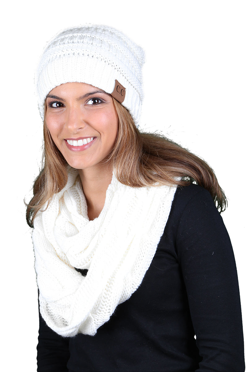 Funky Junque CC Soft Stretch Beanie Bundled With Matching Infinity Scarf - Ivory