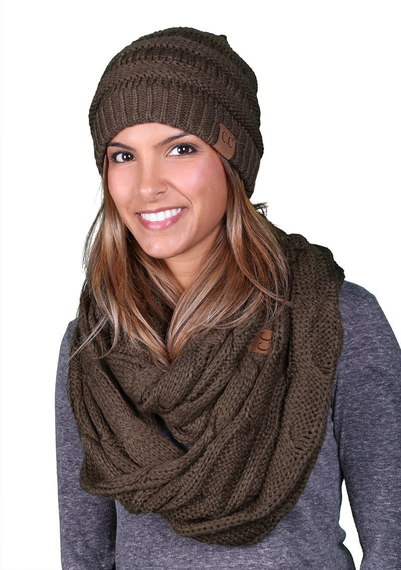 Funky Junque CC Soft Stretch Beanie Bundled With Matching Infinity Scarf - Olive