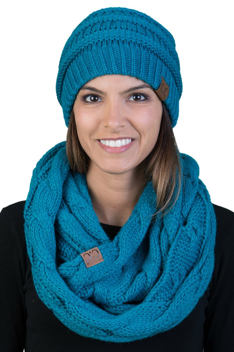 C.C Classic Fit Beanie Bundled With Matching Infinity Scarf - Teal