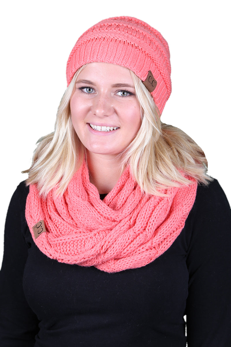 Funky Junque CC Soft Stretch Beanie Bundled With Matching Infinity Scarf - Coral