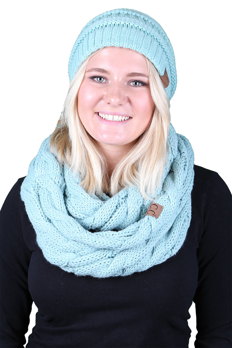 C.C Classic Fit Beanie Bundled With Matching Infinity Scarf - Mint