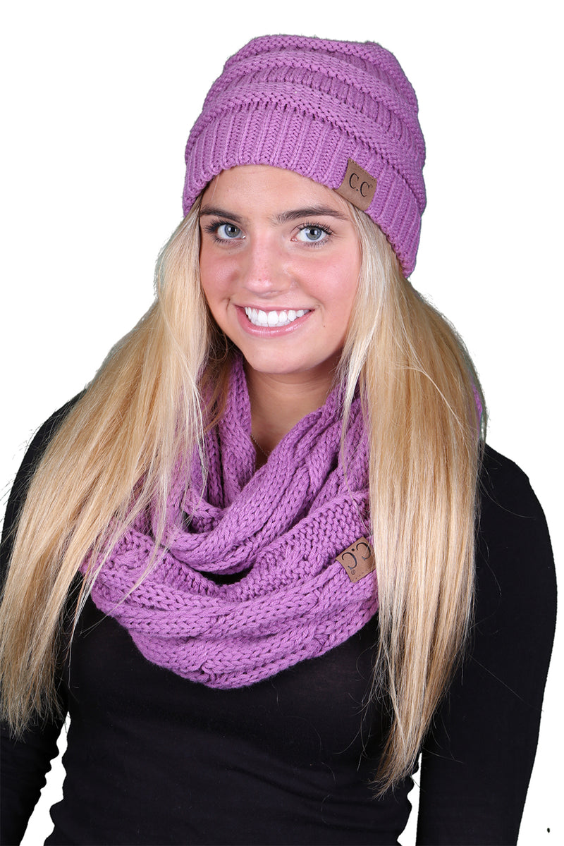 Funky Junque CC Soft Stretch Beanie Bundled With Matching Infinity Scarf - Lavender