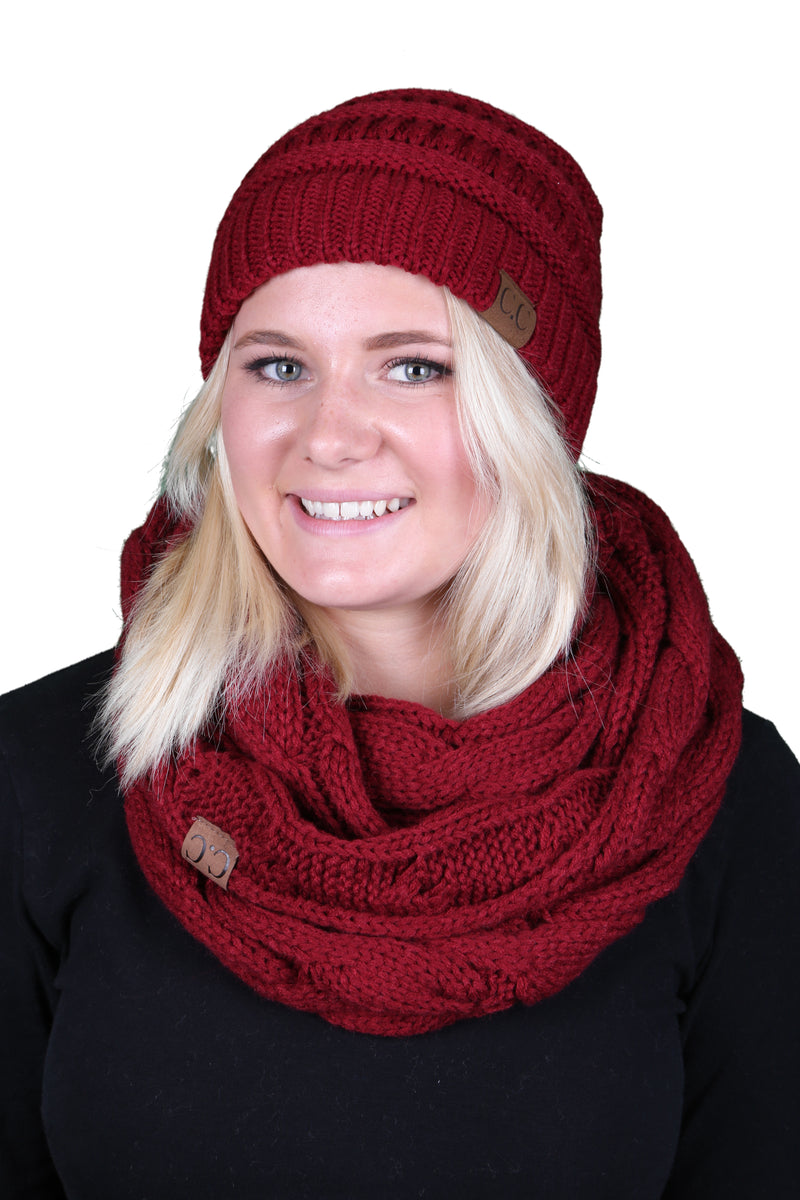 C.C Classic Fit Beanie Bundled With Matching Infinity Scarf - Burgundy