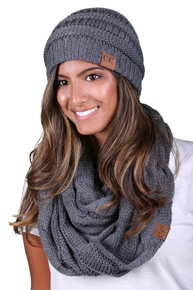 Funky Junque CC Soft Stretch Beanie Bundled With Matching Infinity Scarf - Charcoal