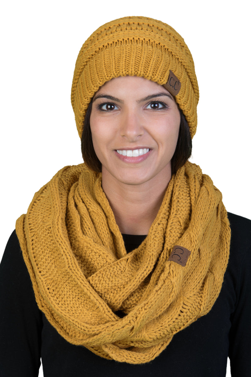 Funky Junque CC Soft Stretch Beanie Bundled With Matching Infinity Scarf - Mustard
