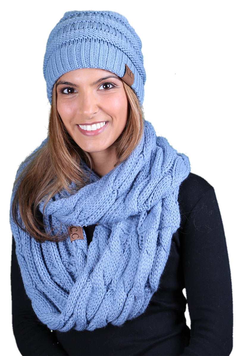 Funky Junque CC Soft Stretch Beanie Bundled With Matching Infinity Scarf - Denim