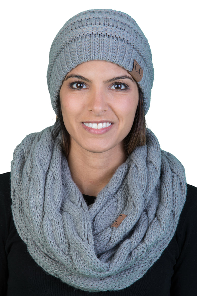 Funky Junque CC Soft Stretch Beanie Bundled With Matching Infinity Scarf - Dove Grey