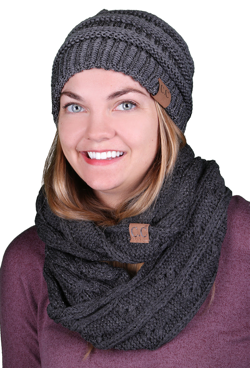 Funky Junque CC Soft Stretch Beanie Bundled With Matching Infinity Scarf - Metallic Grey