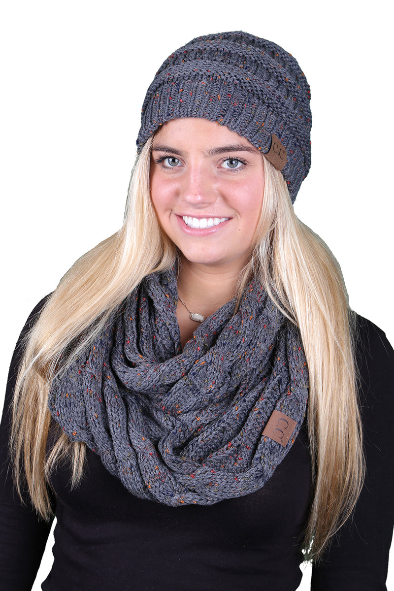 C.C Classic Fit Beanie Bundled With Matching Infinity Scarf - Confetti Melange Grey