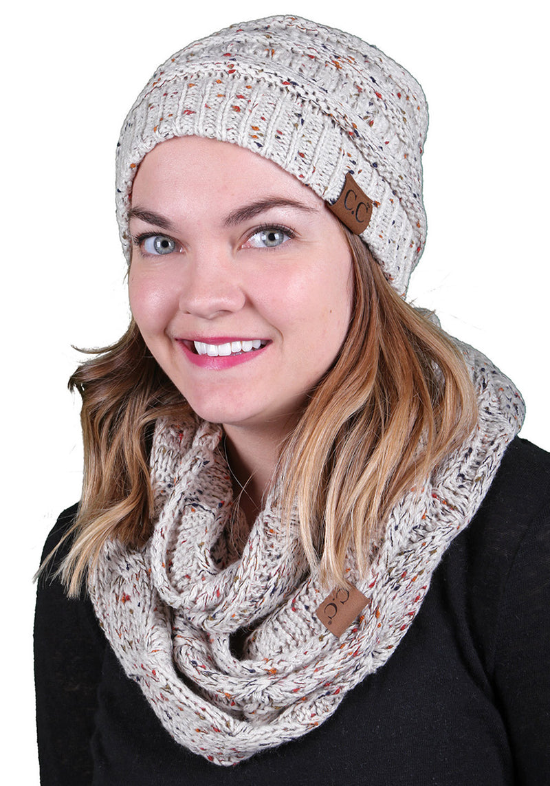 C.C Classic Fit Beanie Bundled With Matching Infinity Scarf - Confetti Oatmeal