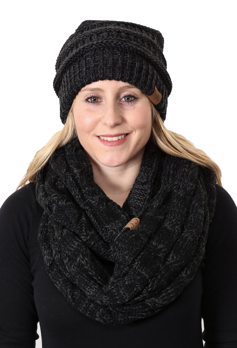 C.C Classic Fit Beanie Bundled With Matching Infinity Scarf - Black Mix #23