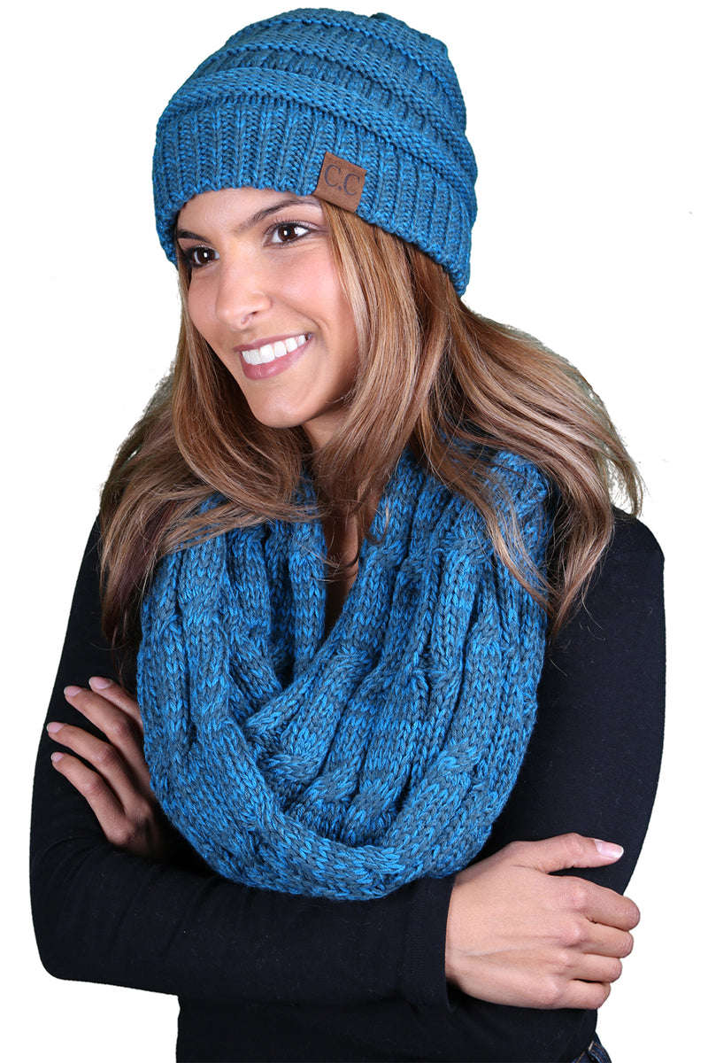 C.C Classic Fit Beanie Bundled With Matching Infinity Scarf -  Blue/Teal #18