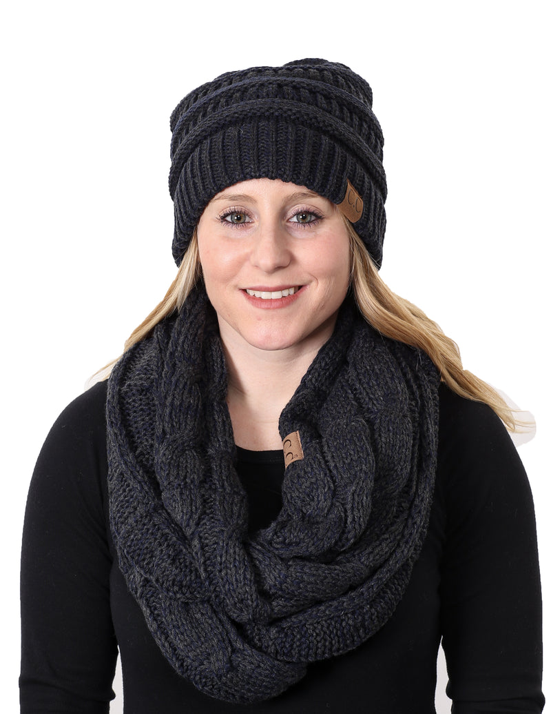 C.C Classic Fit Beanie Bundled With Matching Infinity Scarf - Navy/Charcoal #26