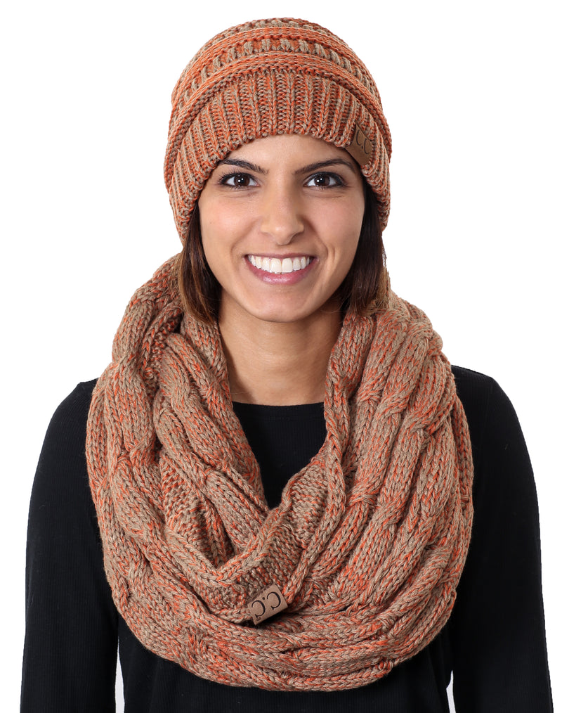 C.C Classic Fit Beanie Bundled With Matching Infinity Scarf - Orange Mix #4