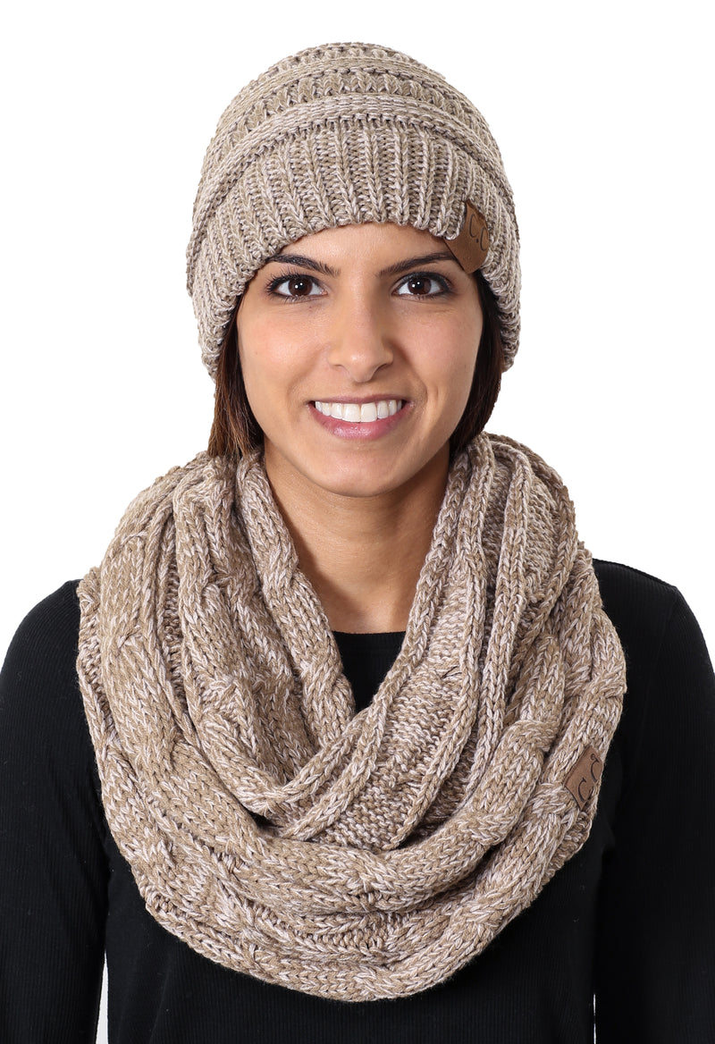 C.C Classic Fit Beanie Bundled With Matching Infinity Scarf - Taupe Mix #8