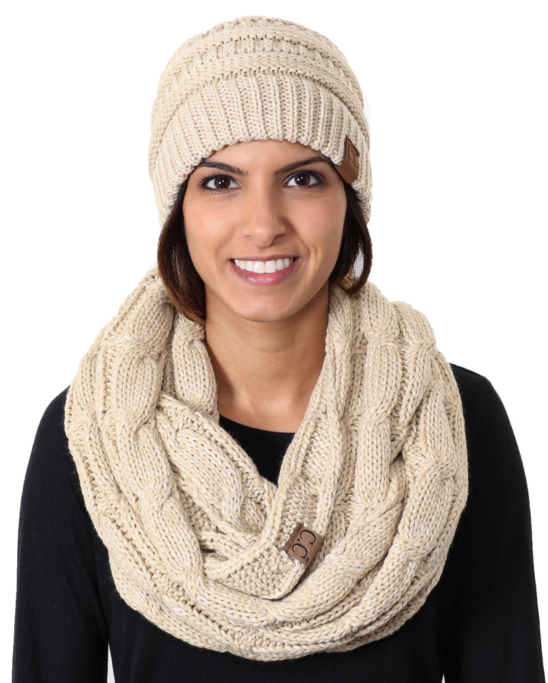 C.C Classic Fit Beanie Bundled With Matching Infinity Scarf - Beige Mix #25
