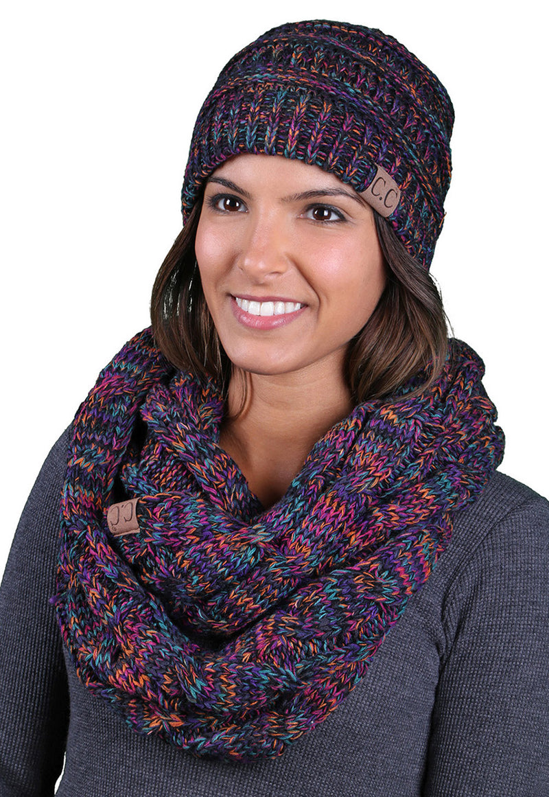 C.C Classic Fit Beanie Bundled With Matching Infinity Scarf - Kaleidoscope Mix #32