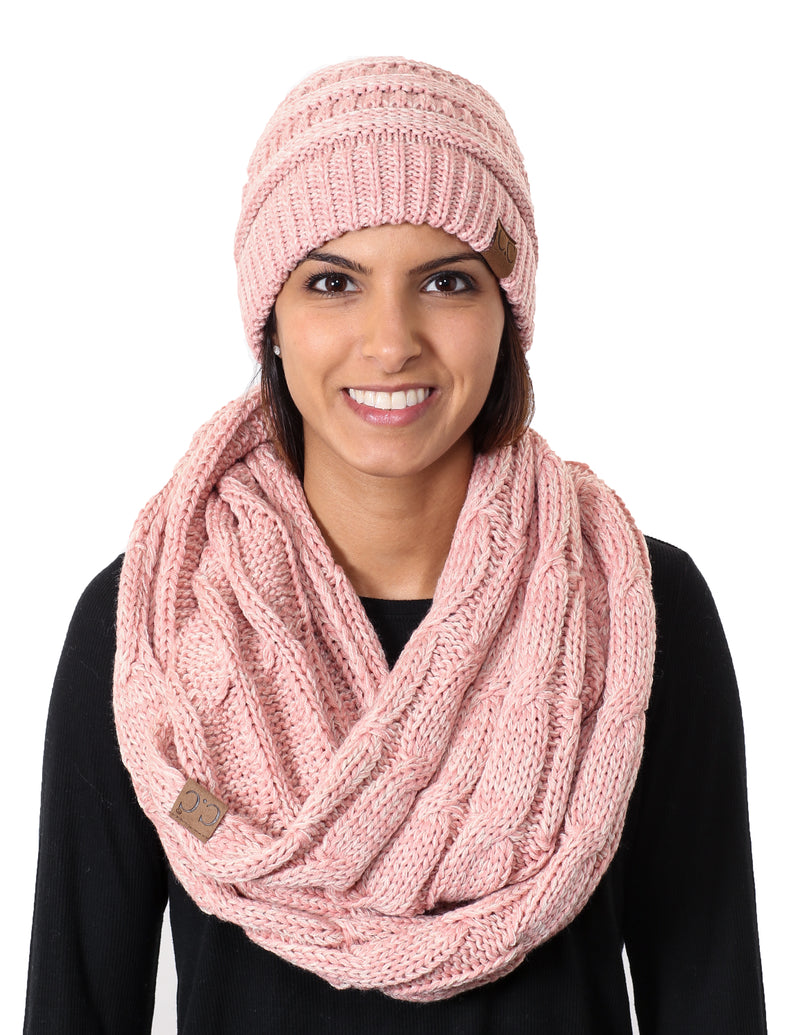 C.C Classic Fit Beanie Bundled With Matching Infinity Scarf - Rose Mix #2