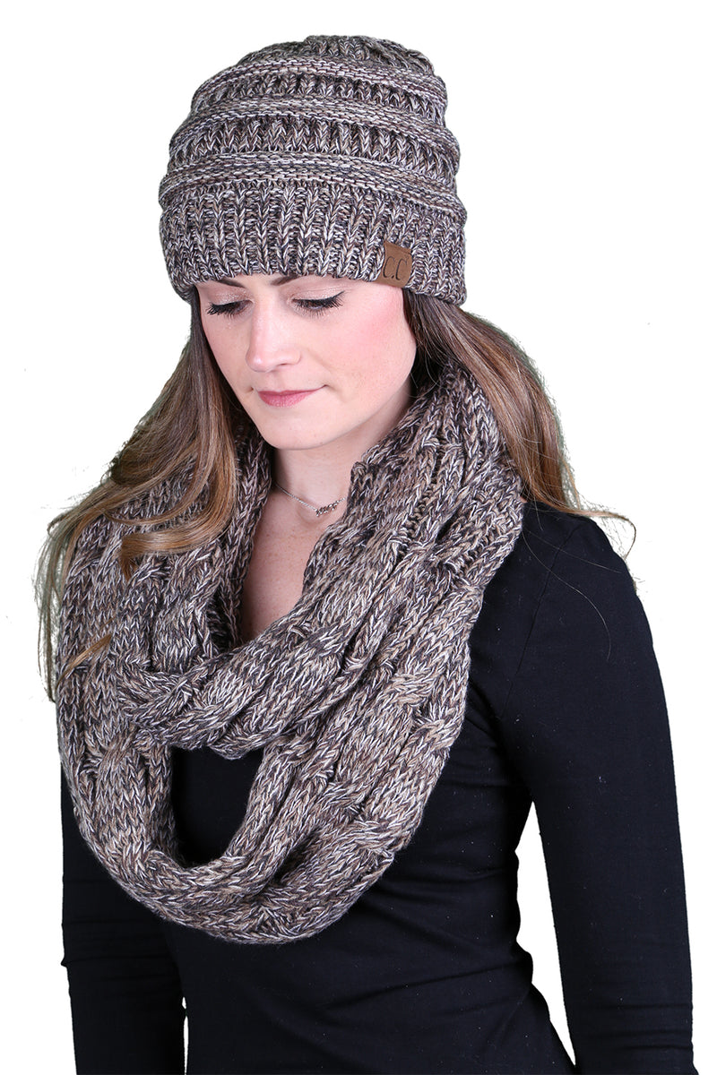 C.C Classic Fit Beanie Bundled With Matching Infinity Scarf - Brown Mix #21