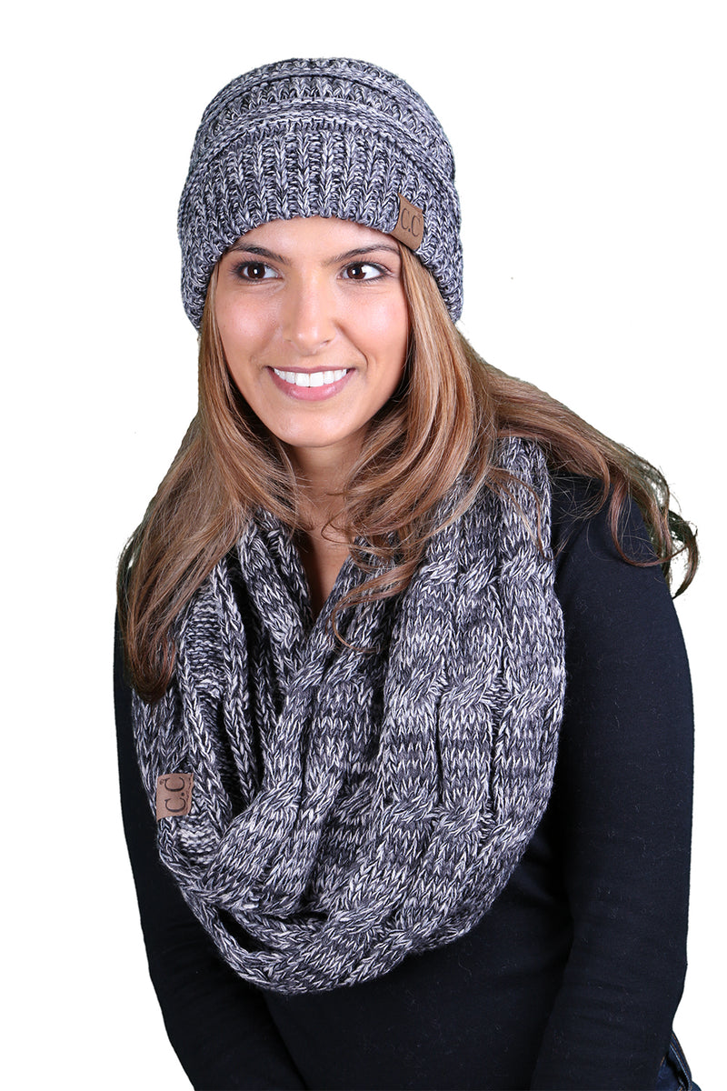 C.C Classic Fit Beanie Bundled With Matching Infinity Scarf - Black/Grey Mix #31