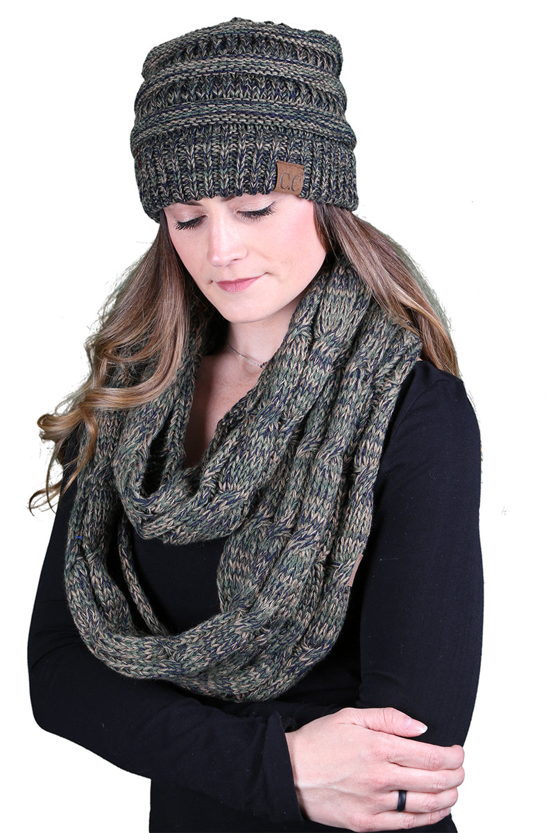 C.C Classic Fit Beanie Bundled With Matching Infinity Scarf - Green/Olive Mix #9