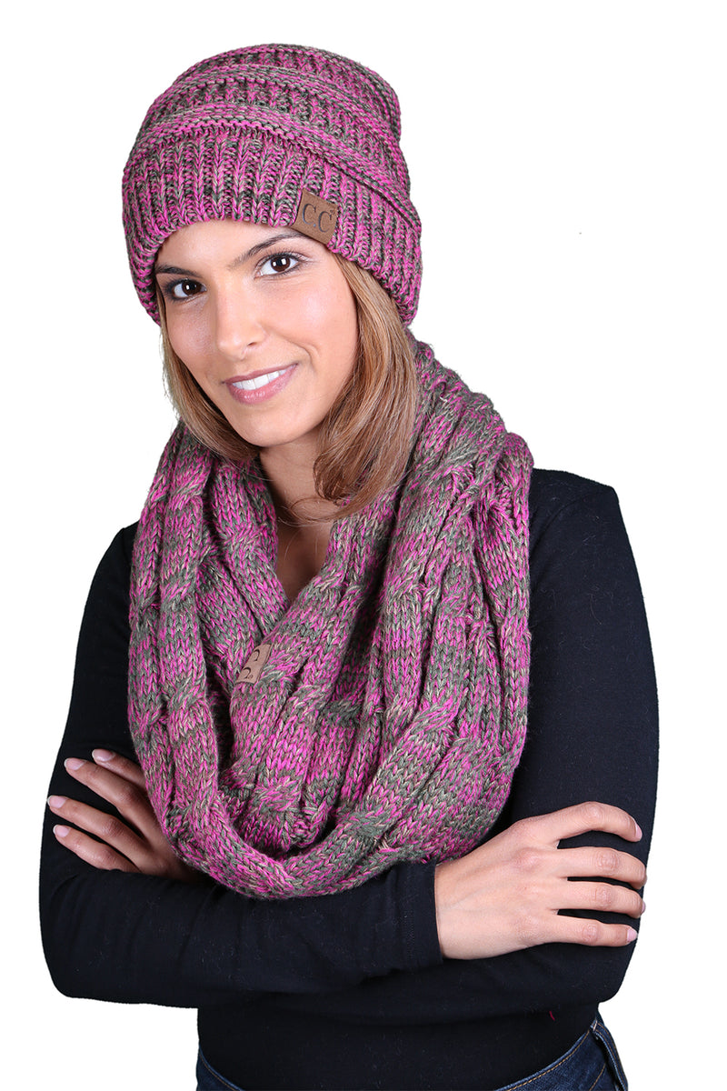 C.C Classic Fit Beanie Bundled With Matching Infinity Scarf - Pink Mix #8