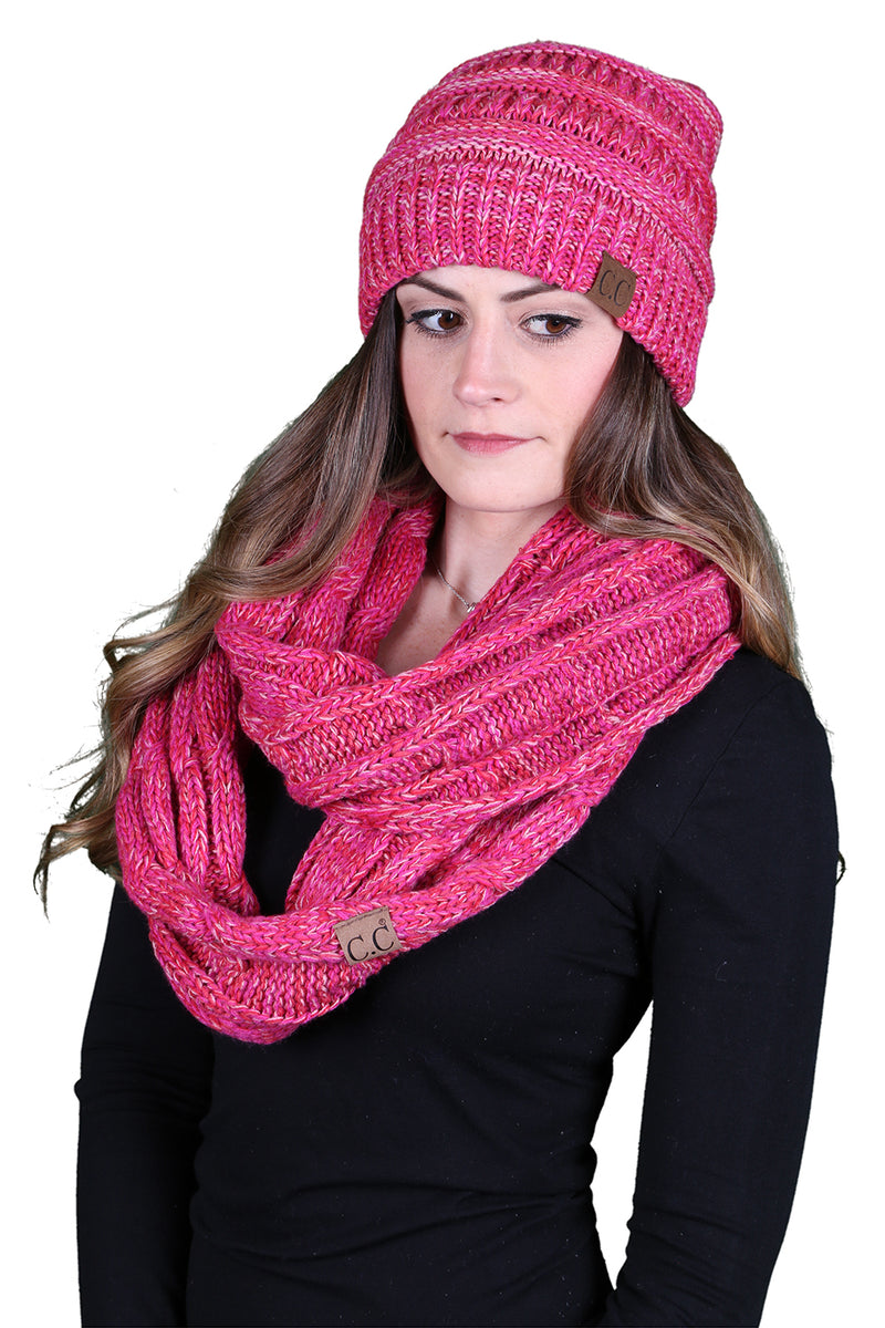 C.C Classic Fit Beanie Bundled With Matching Infinity Scarf  - Red/Pink Mix #10