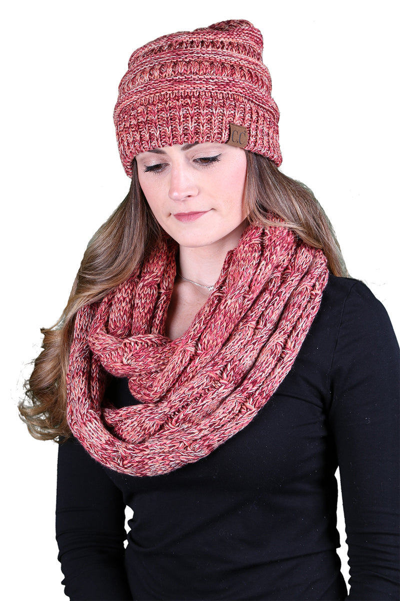 C.C Classic Beanie Bundled With Matching Infinity Scarf - Coral Mix #16