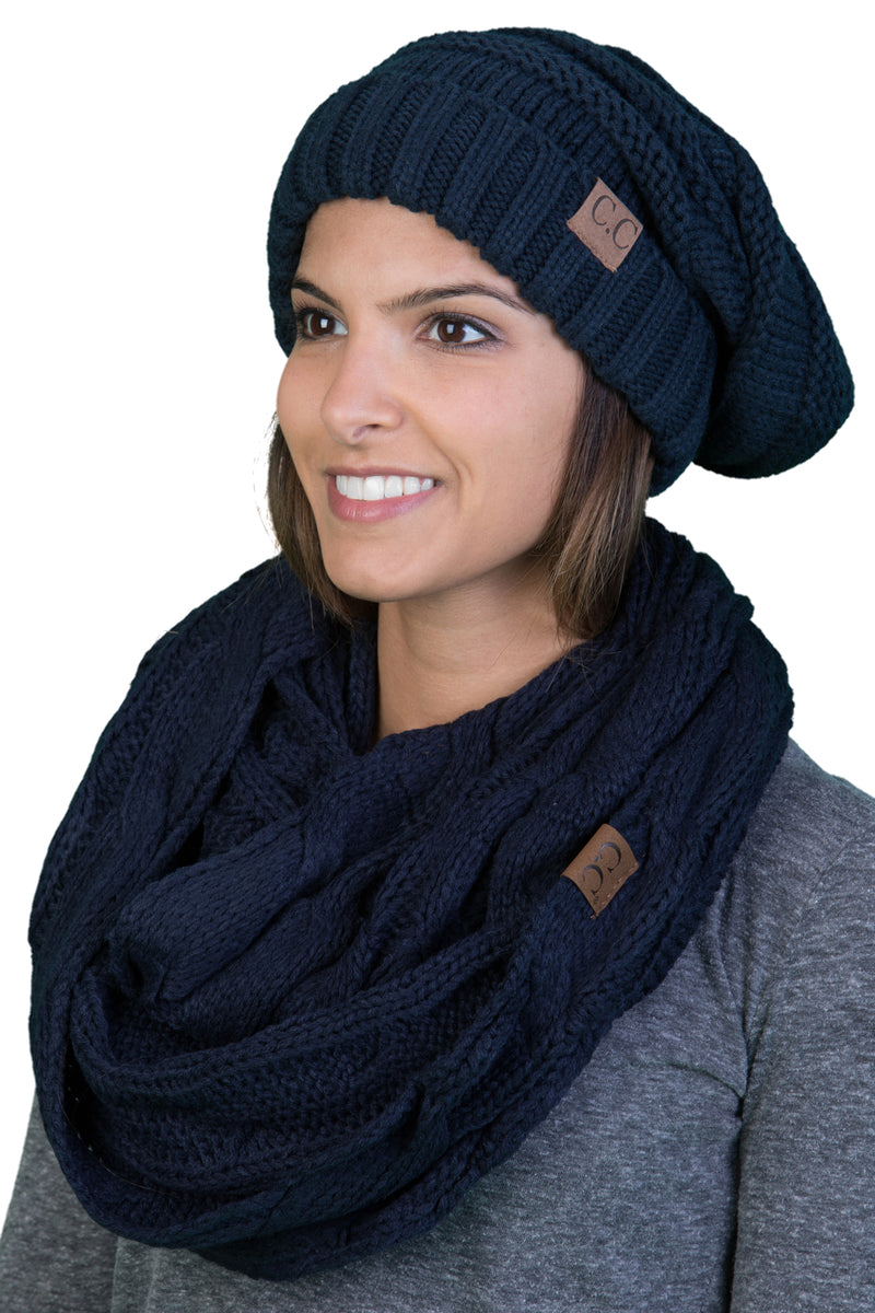 CC Oversized Slouchy Beanie Bundled With Matching Infinity Scarf - Navy