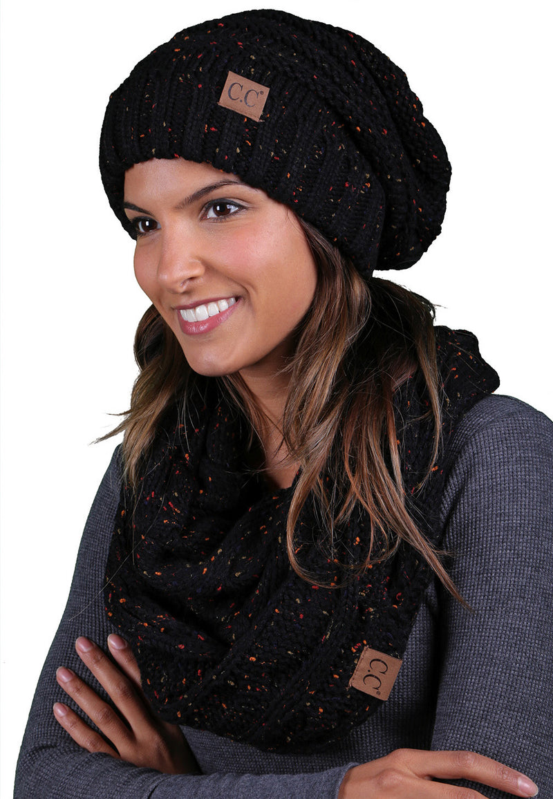 CC Oversized Slouchy Beanie Bundled With Matching Infinity Scarf - Confetti Black