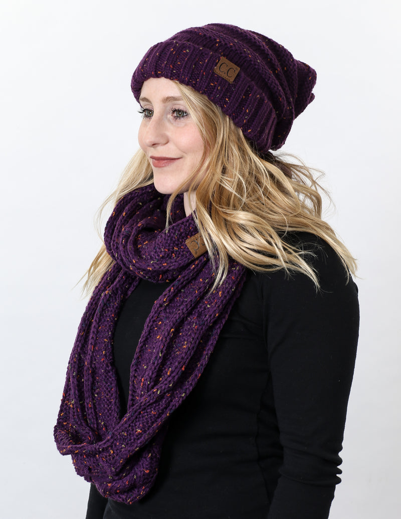 CC Oversized Slouchy Beanie Bundled With Matching Infinity Scarf - Confetti Purple